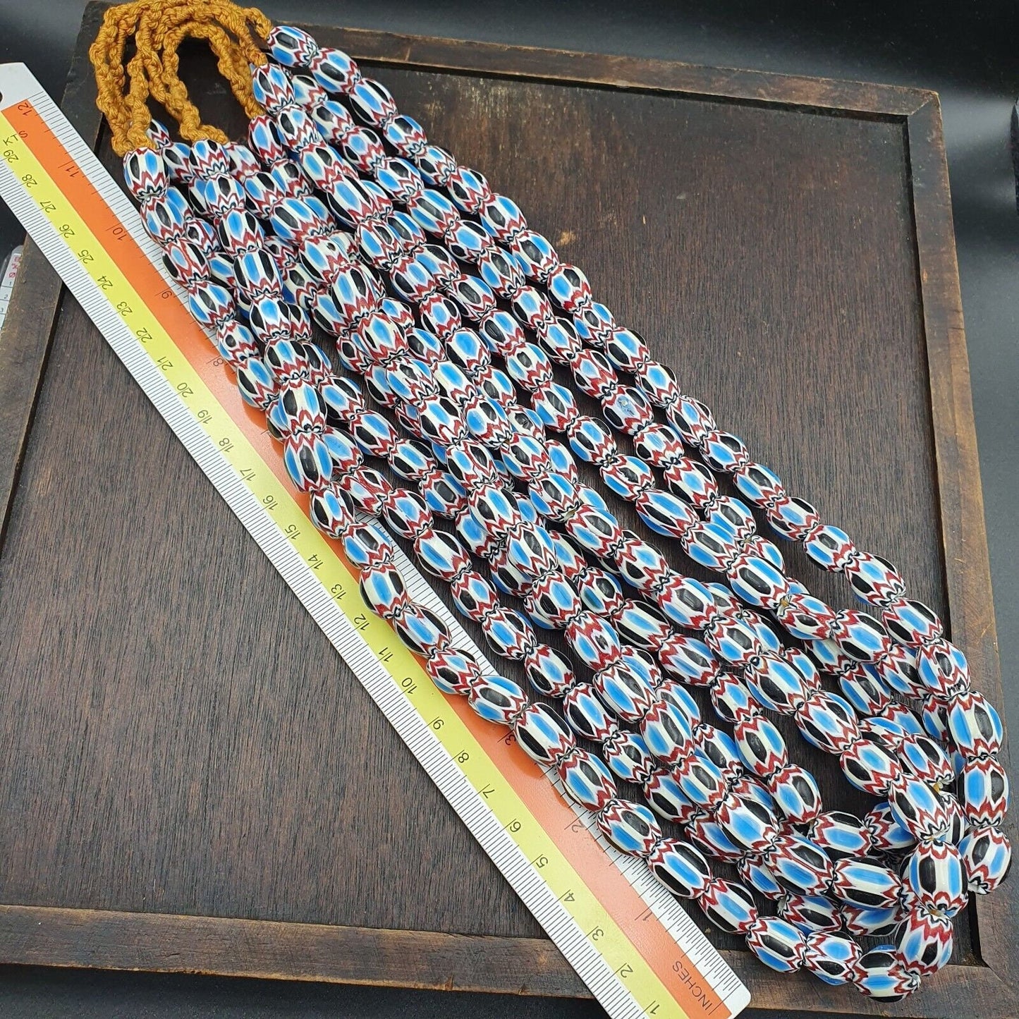 Vintage venetian african style blue glass chevron beads long strand 11x13mmGift