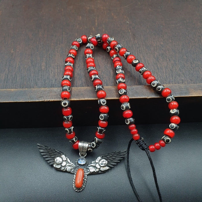 Vintage hand carving angel coral, moonstone 925 sterling silver pendent necklace