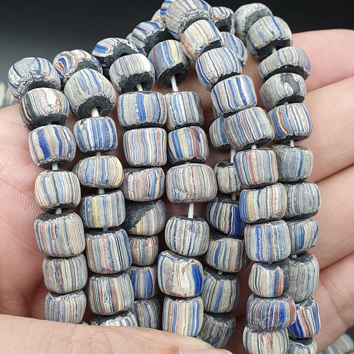 Lot 2 vintage old african glass  stripes beads 8-10mm beads strandGift