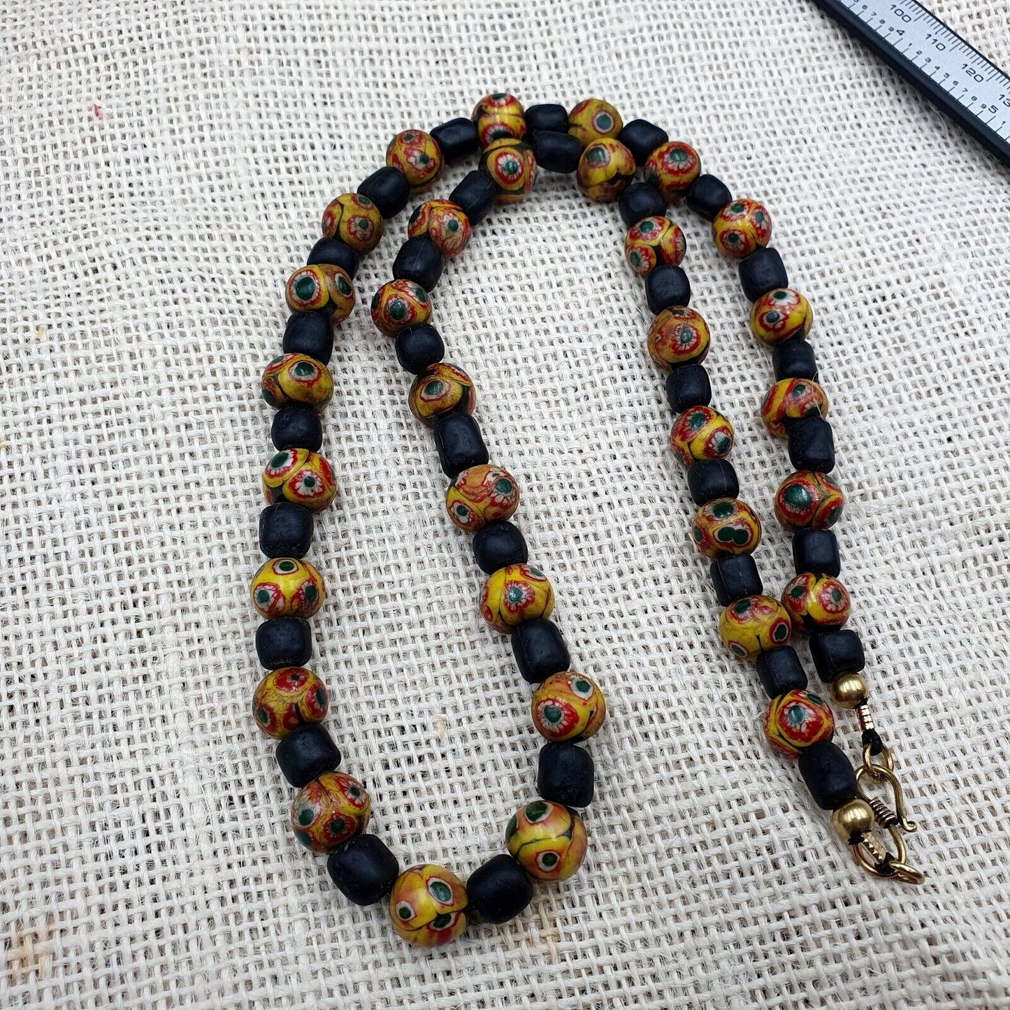 Vintage black yellow, green gabri eyes glass beads strand necklaceGift