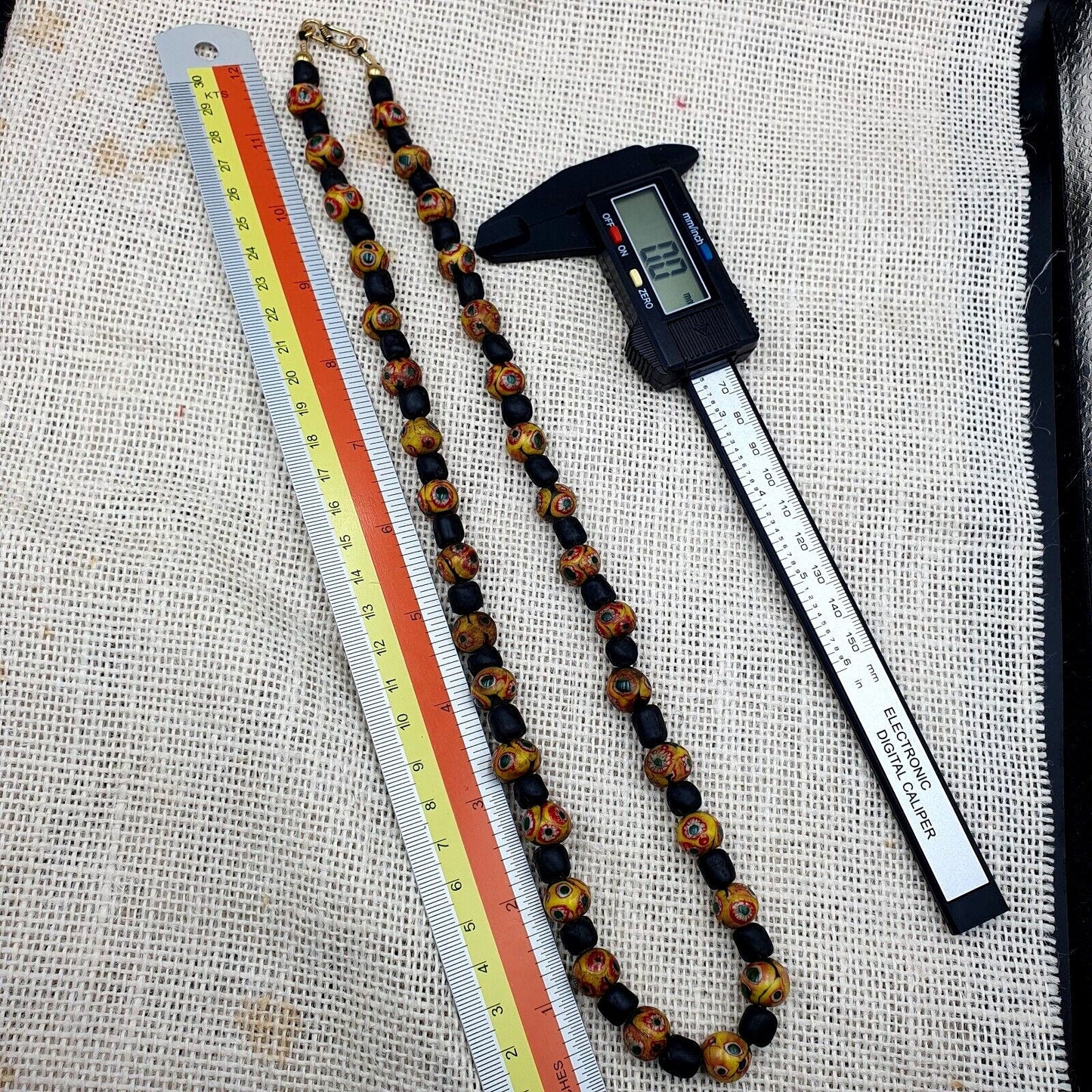 Vintage black yellow, green gabri eyes glass beads strand necklaceGift
