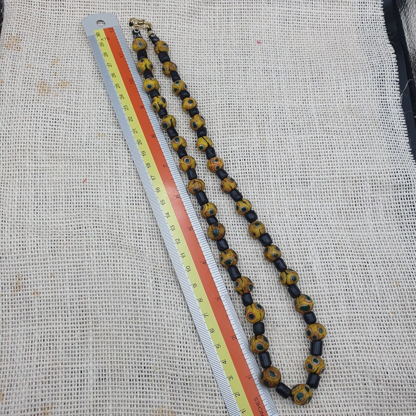Gbr-2. vintage black yellow, green gabri eyes glass beads strand necklaceGift