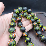 Vintage Trade Floral, Boho Beaded Necklace | Green Black Glass Strand, 36 Pc 17.5-18mm | Full Length