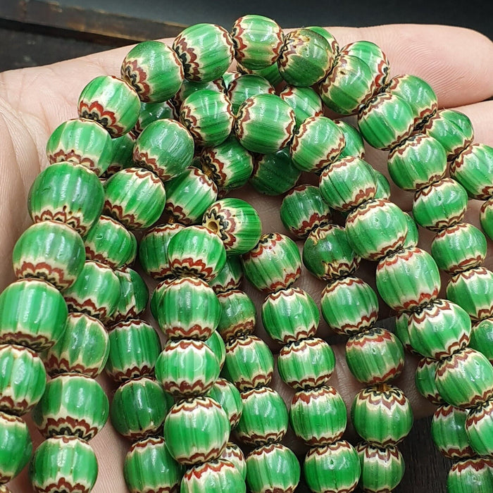 Green Chevron Venetian Glass Beads: African Trade Necklace (10-11mm)