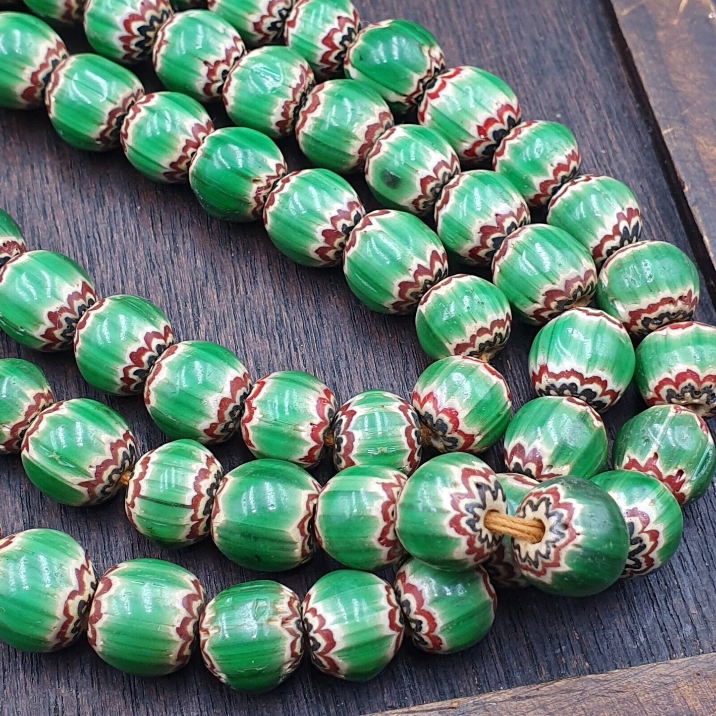 Green Chevron Venetian Glass Beads: African Trade Necklace (10-11mm)