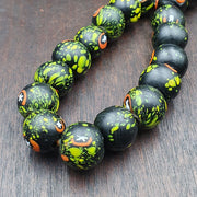 Vintage Trade Floral, Boho Beaded Necklace | Green Black Glass Strand, 36 Pc 17.5-18mm | Full Length