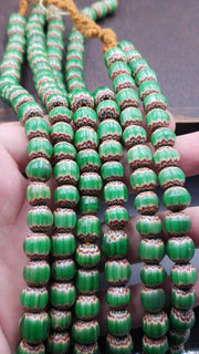 Green Chevron Venetian Glass Beads: African Trade Necklace (10-11mm)