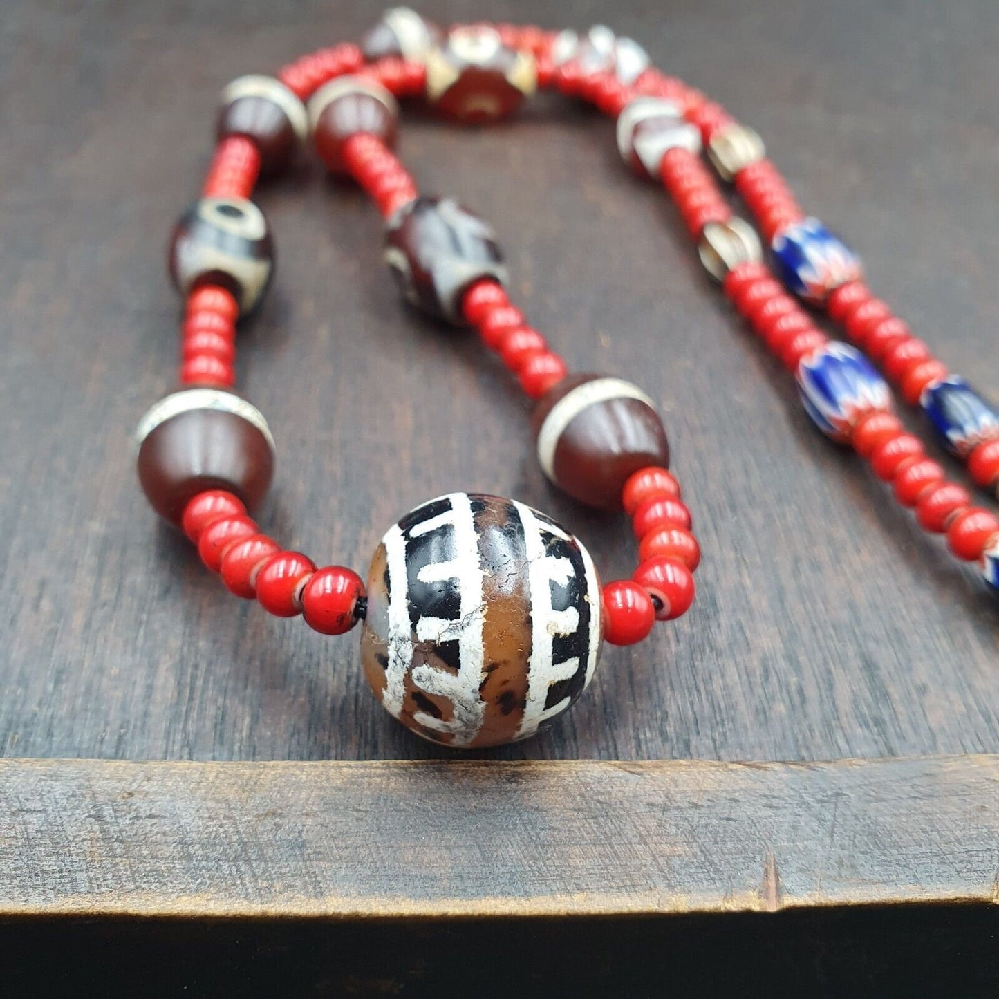 Antique tibetan etched agate beads with venetian white heart bead necklace