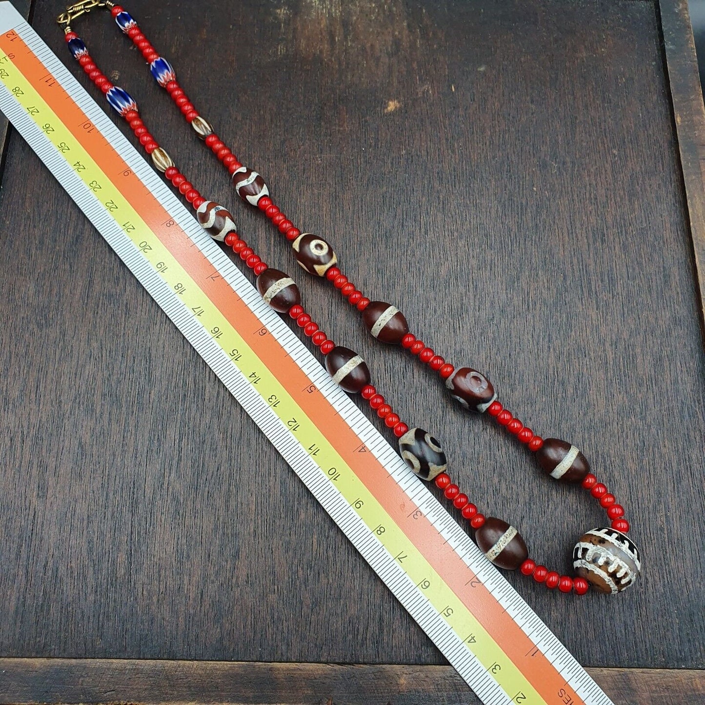 Antique tibetan etched agate beads with venetian white heart bead necklace