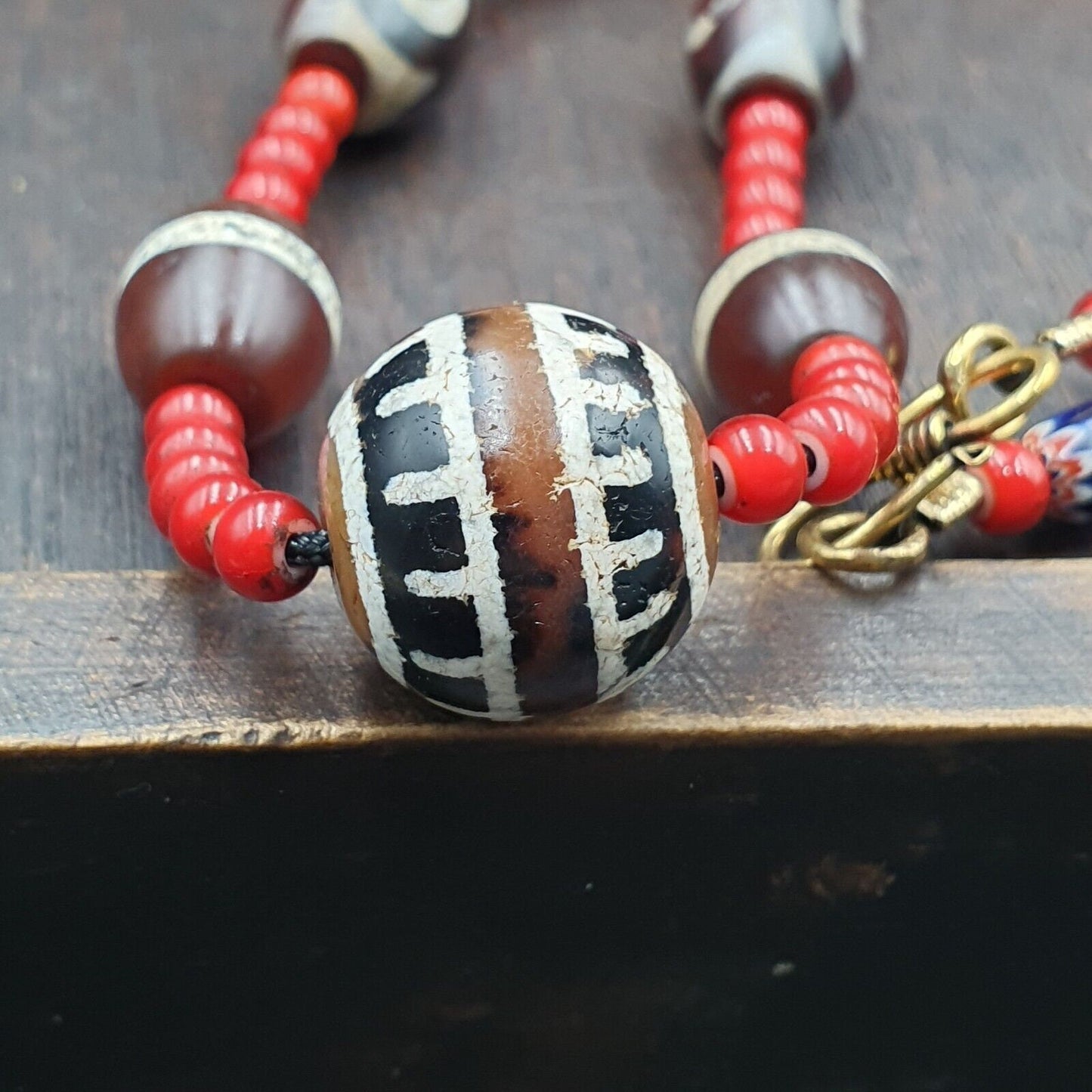Antique tibetan etched agate beads with venetian white heart bead necklace