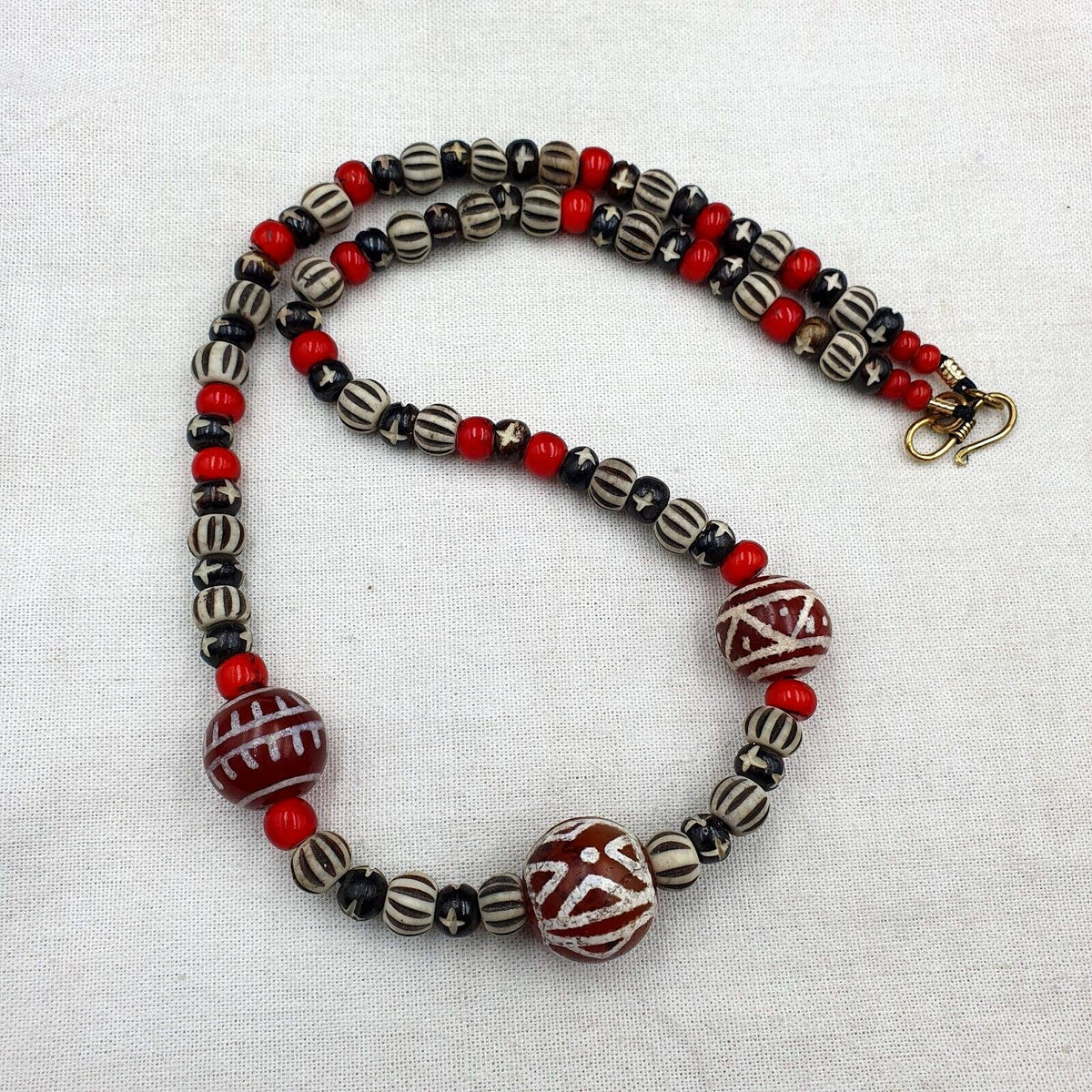 Antique Etched Agate Beads Necklace: Himalayan Indo Tibetan