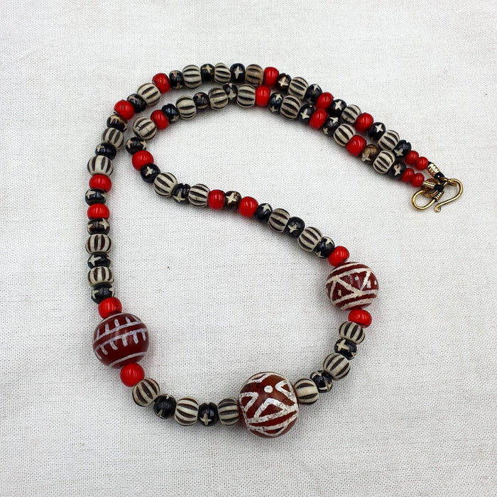 Antique Etched Agate Beads Necklace: Himalayan Indo Tibetan