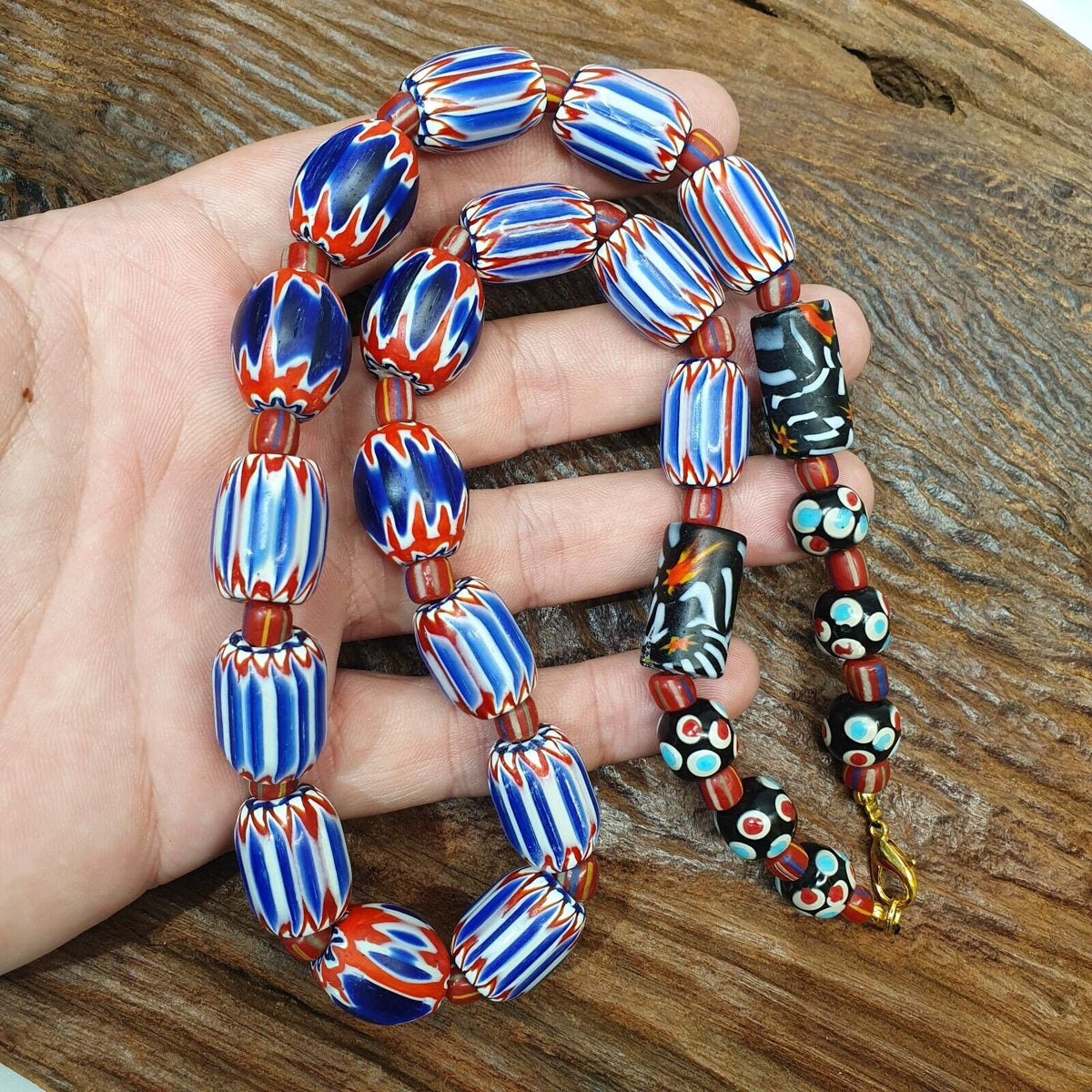 Antique venetian inspired trade african blue glass chevron beads strand nch-1bGift