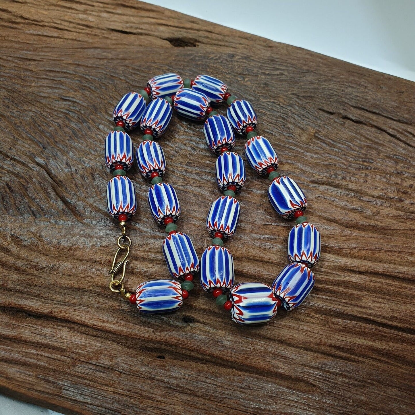 Vintage venetian inspired trade blue chevron jade and whiteheart beads strand