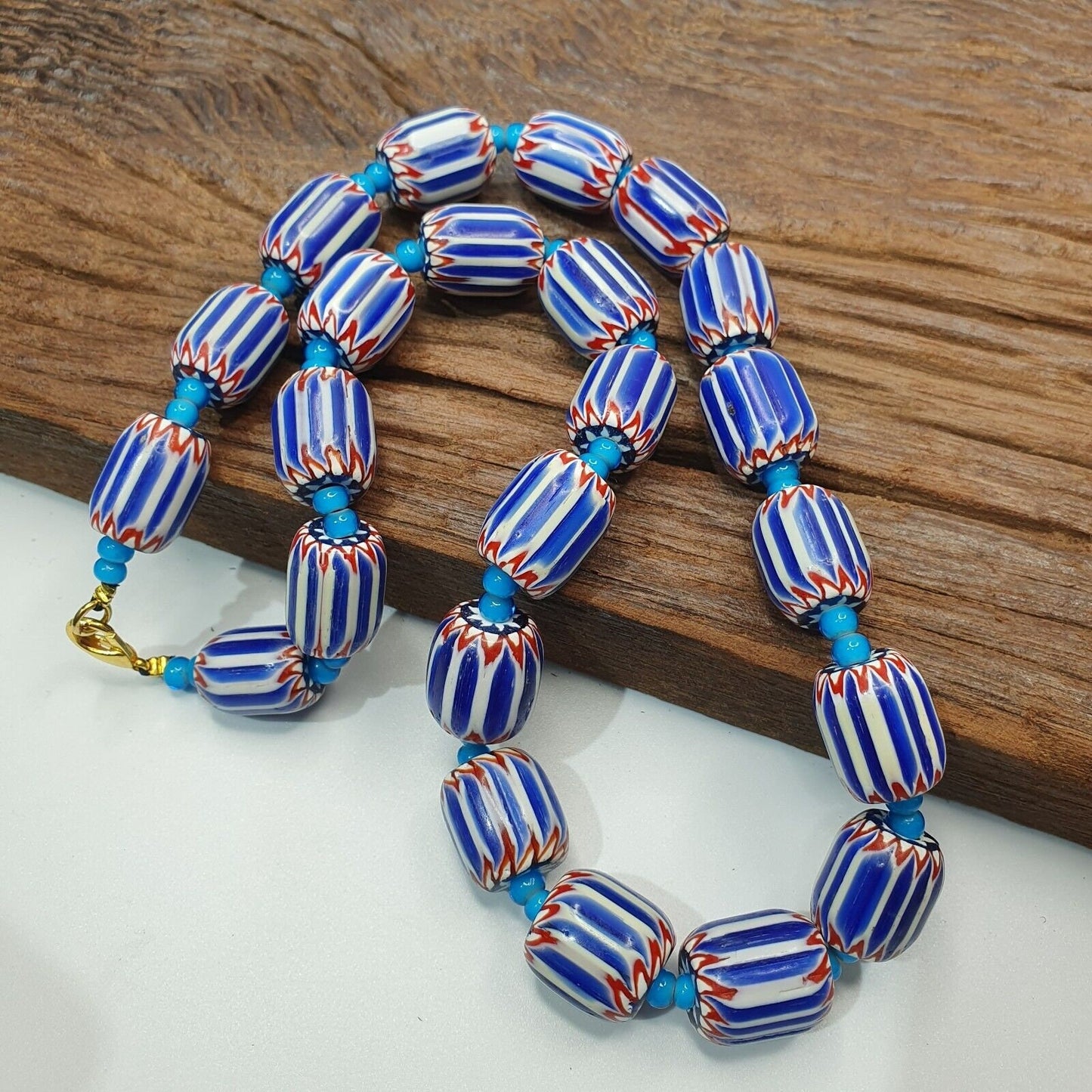H-5b vintage venetian inspired trade blue chevron and whiteheart beads strand