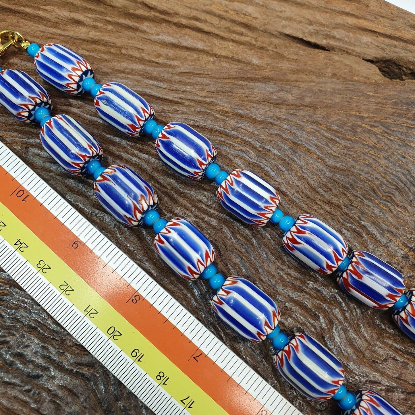 H-5b vintage venetian inspired trade blue chevron and whiteheart beads strand