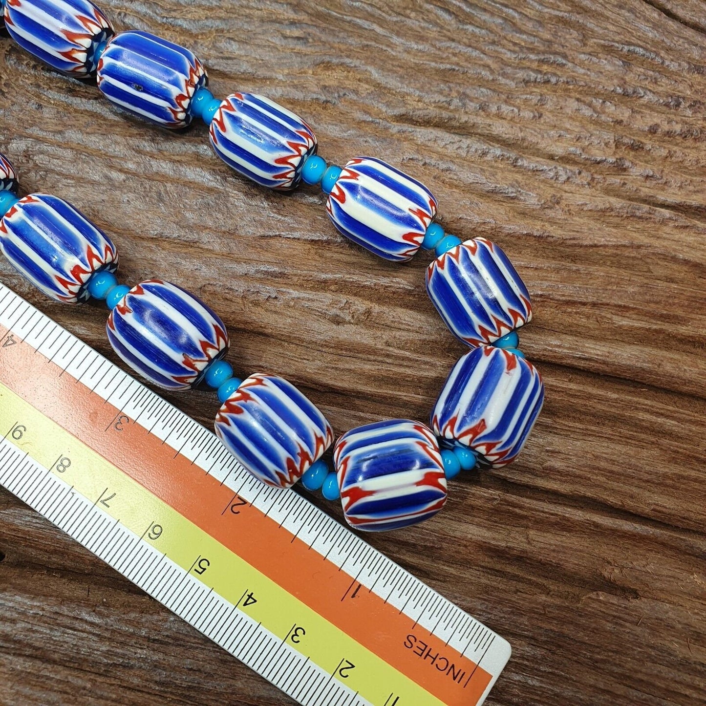 H-5b vintage venetian inspired trade blue chevron and whiteheart beads strand