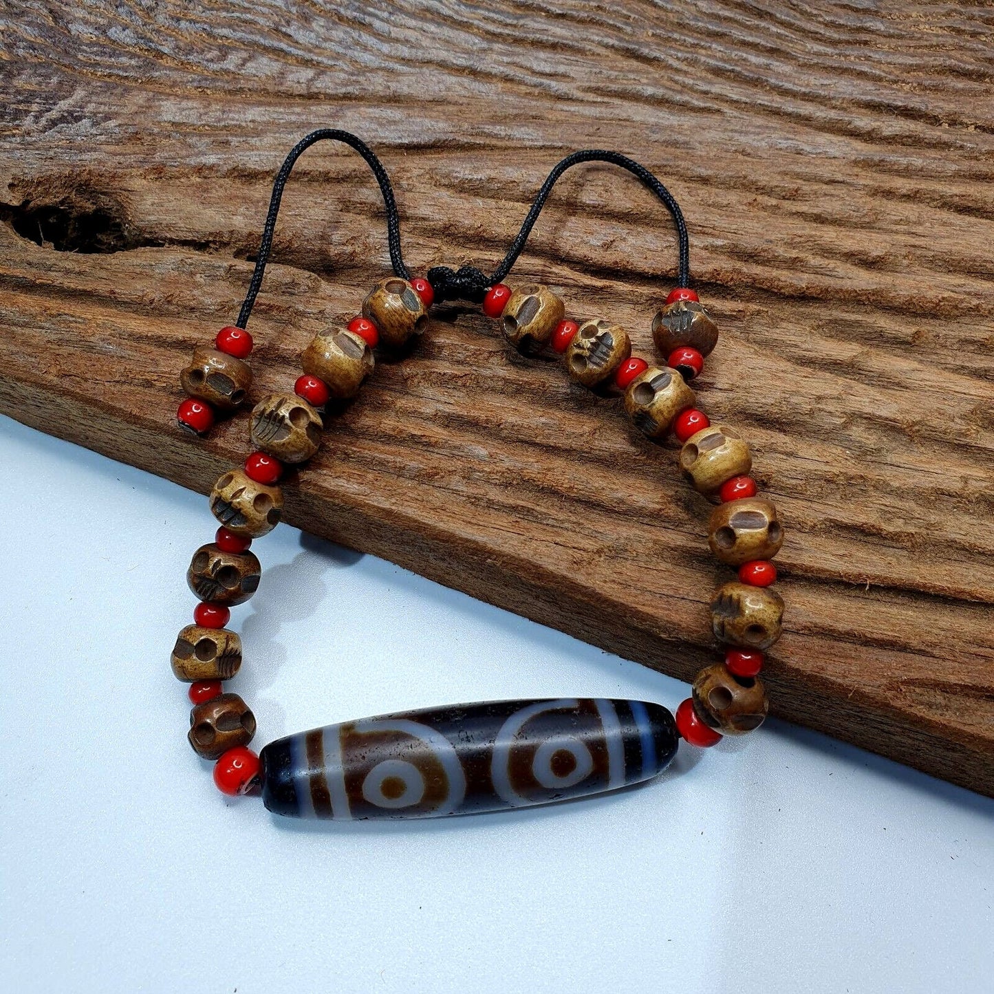 Vintage old himalayan indo tibetan agate, carving skull beads bracelet