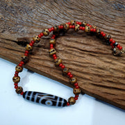 Antique vintage himalayan indo tibetan 2 eye agate, carving skull beads necklace