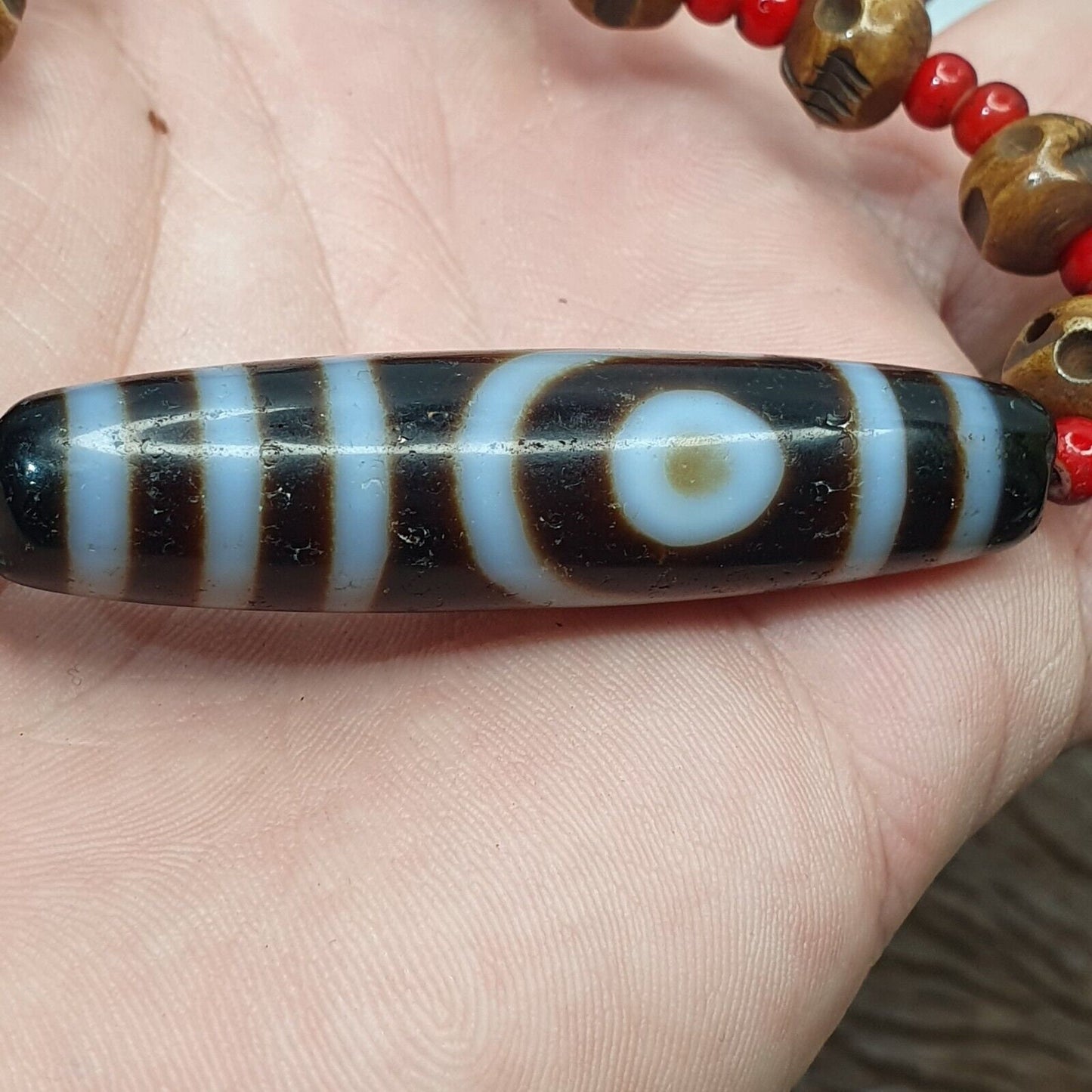 Antique vintage himalayan indo tibetan 2 eye agate, carving skull beads necklace