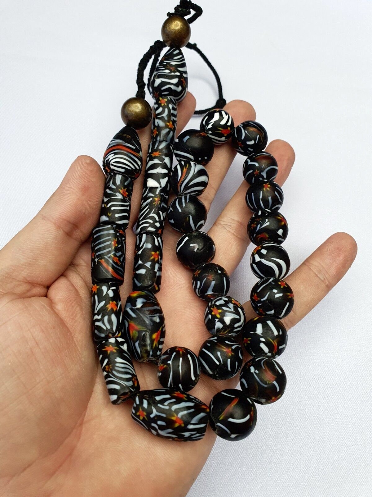 Vintage zebra traded glass beads / beaded long necklaceGift