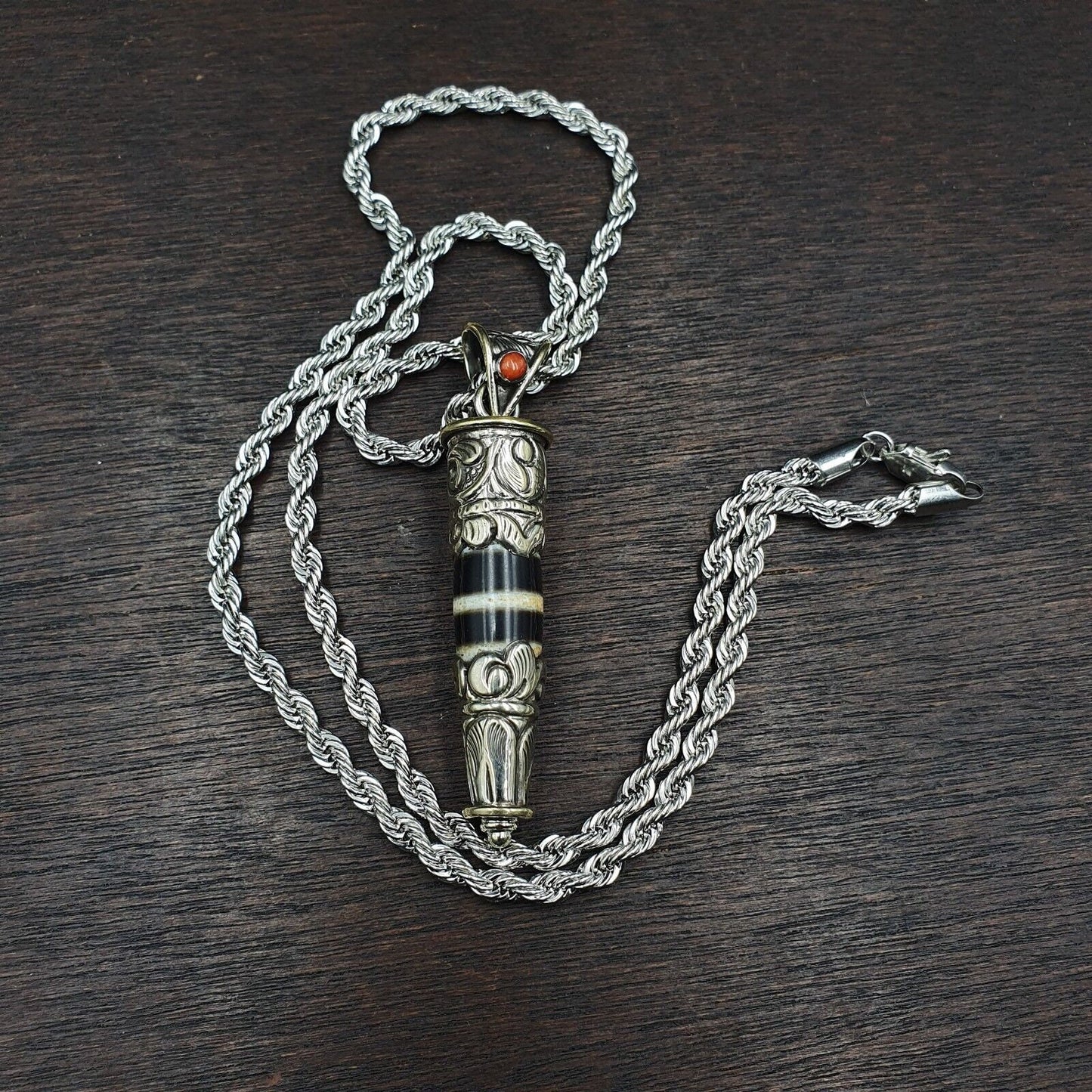 Rare 2 stripes tibetan silver nepalese agate bead dzi pendant necklace