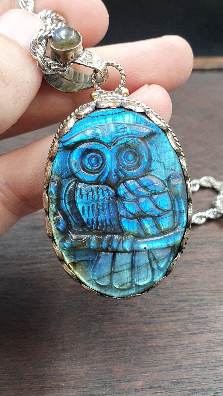 Big men's vintage natural blue fire carving labradorite owl figurine necklace 2