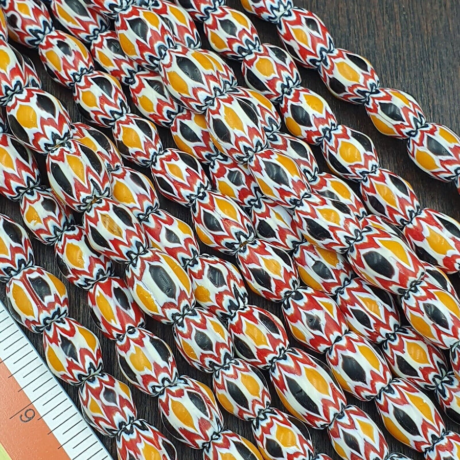 Vintage venetian african style colorful glass chevron beads long strand 11x13mm .
