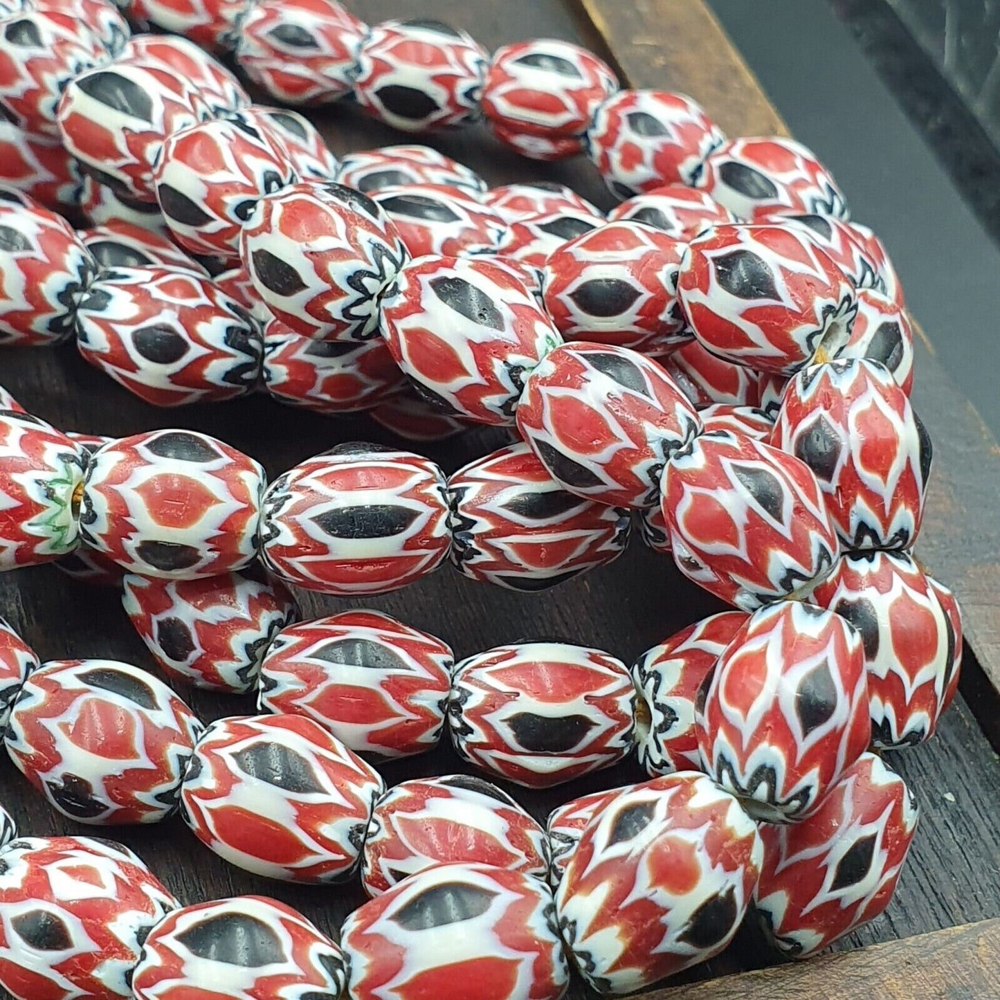 Vintage venetian african style red glass chevron beads long strand 10x13mmGift