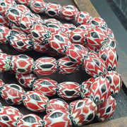 Vintage venetian african style red glass chevron beads long strand 10x13mm.