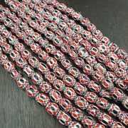 Vintage venetian african style red glass chevron beads long strand 10x13mm.