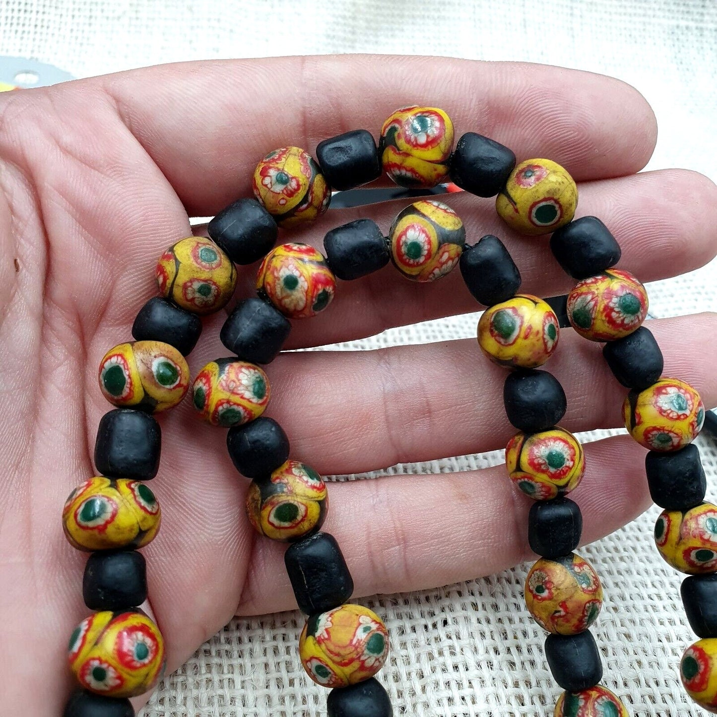 Vintage black yellow, green gabri eyes glass beads strand necklaceGift