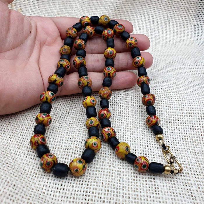 Vintage black yellow, green gabri eyes glass beads strand necklaceGift