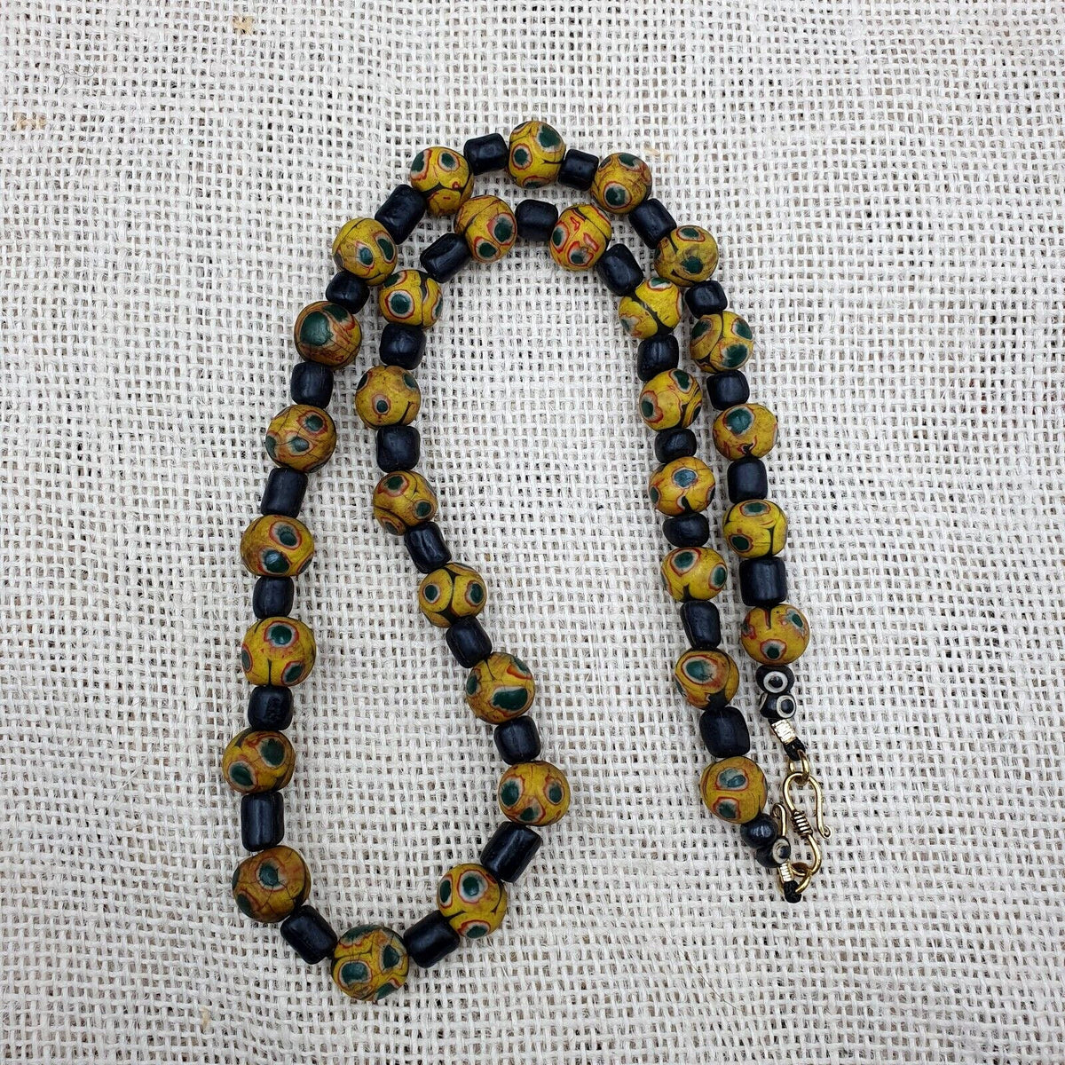 Gbr-2. vintage black yellow, green gabri eyes glass beads strand necklaceGift