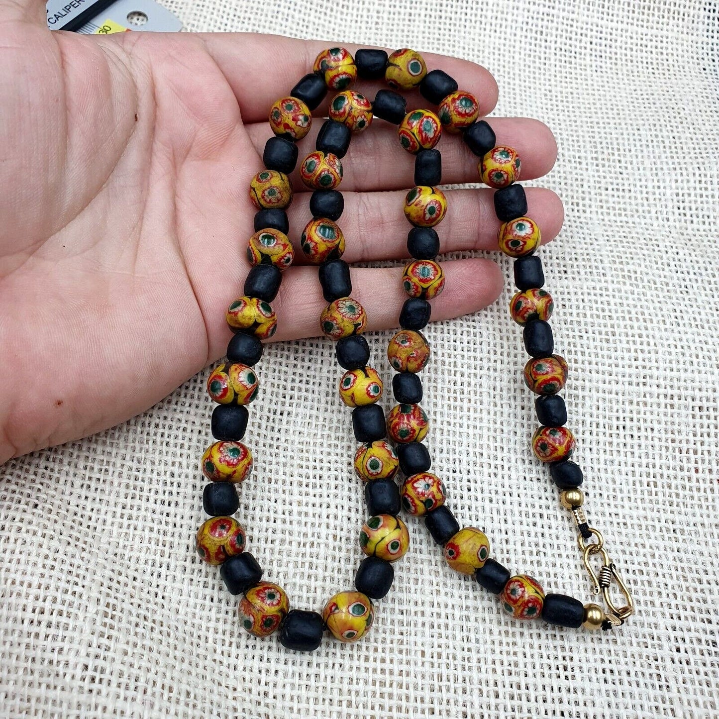 Vintage black yellow, green gabri eyes glass beads strand necklaceGift