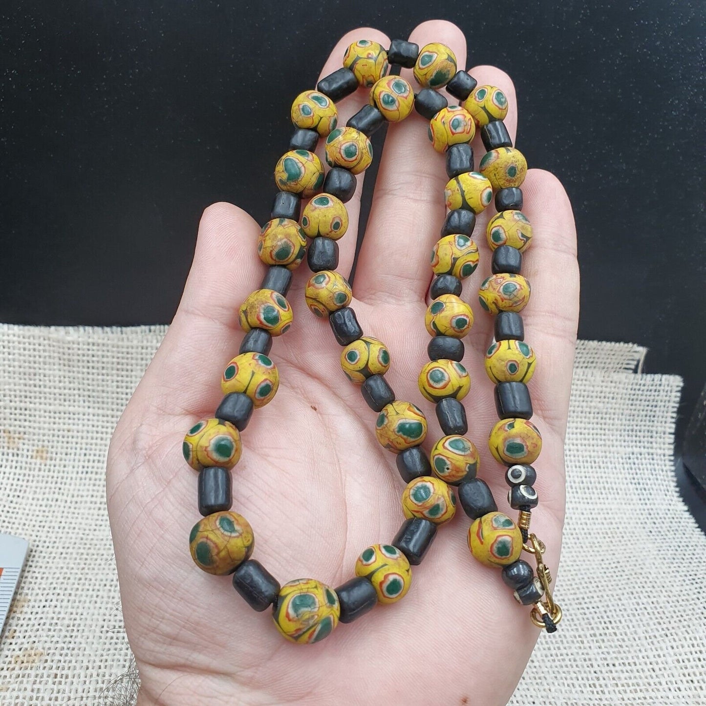Gbr-2. vintage black yellow, green gabri eyes glass beads strand necklaceGift
