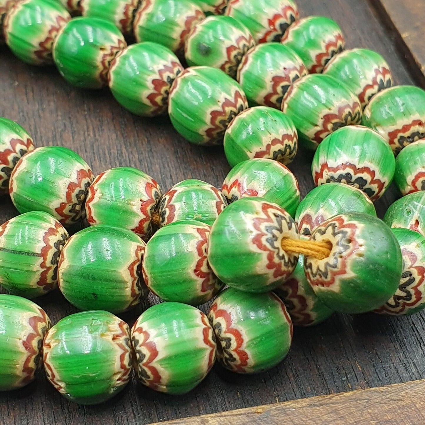 Green Chevron Venetian Glass Beads: African Trade Necklace (10-11mm)