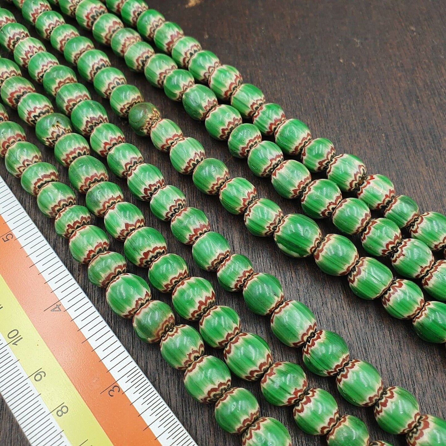 Green Chevron Venetian Glass Beads: African Trade Necklace (10-11mm)