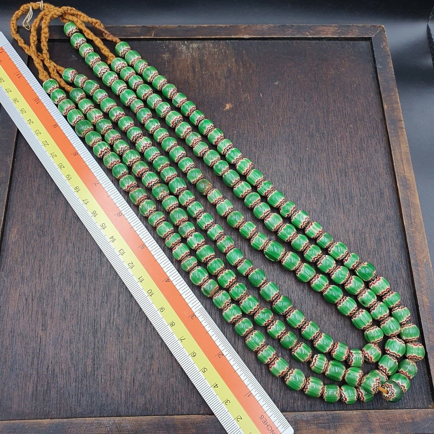 Green Chevron Venetian Glass Beads: African Trade Necklace (10-11mm)