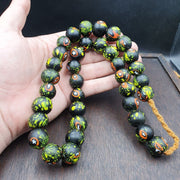 Vintage Trade Floral, Boho Beaded Necklace | Green Black Glass Strand, 36 Pc 17.5-18mm | Full Length