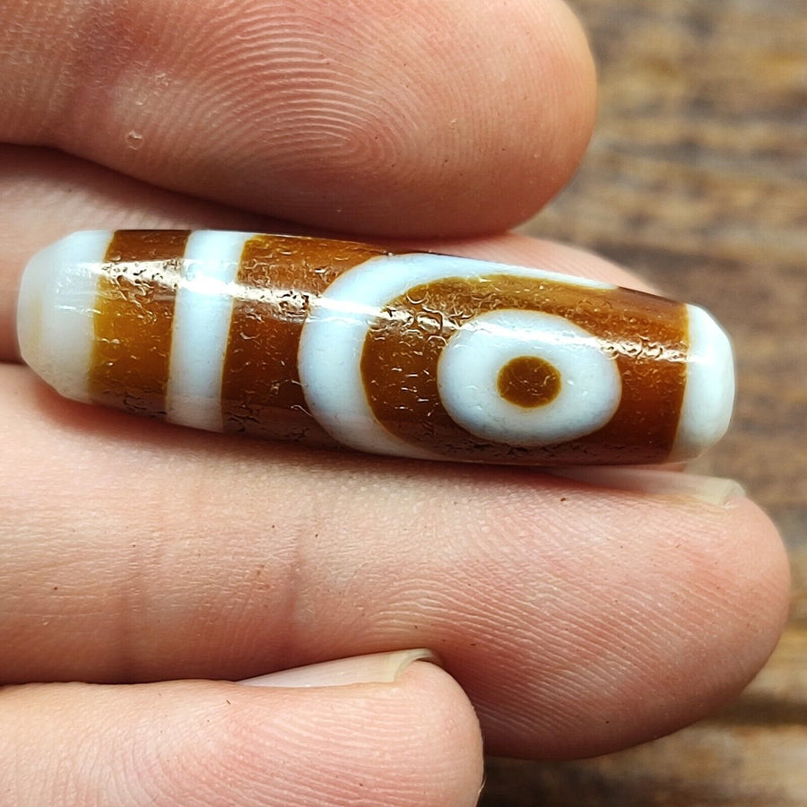Antique old tibetan 2 circle eyes in eye agate stone dzi bead amulet ct-2