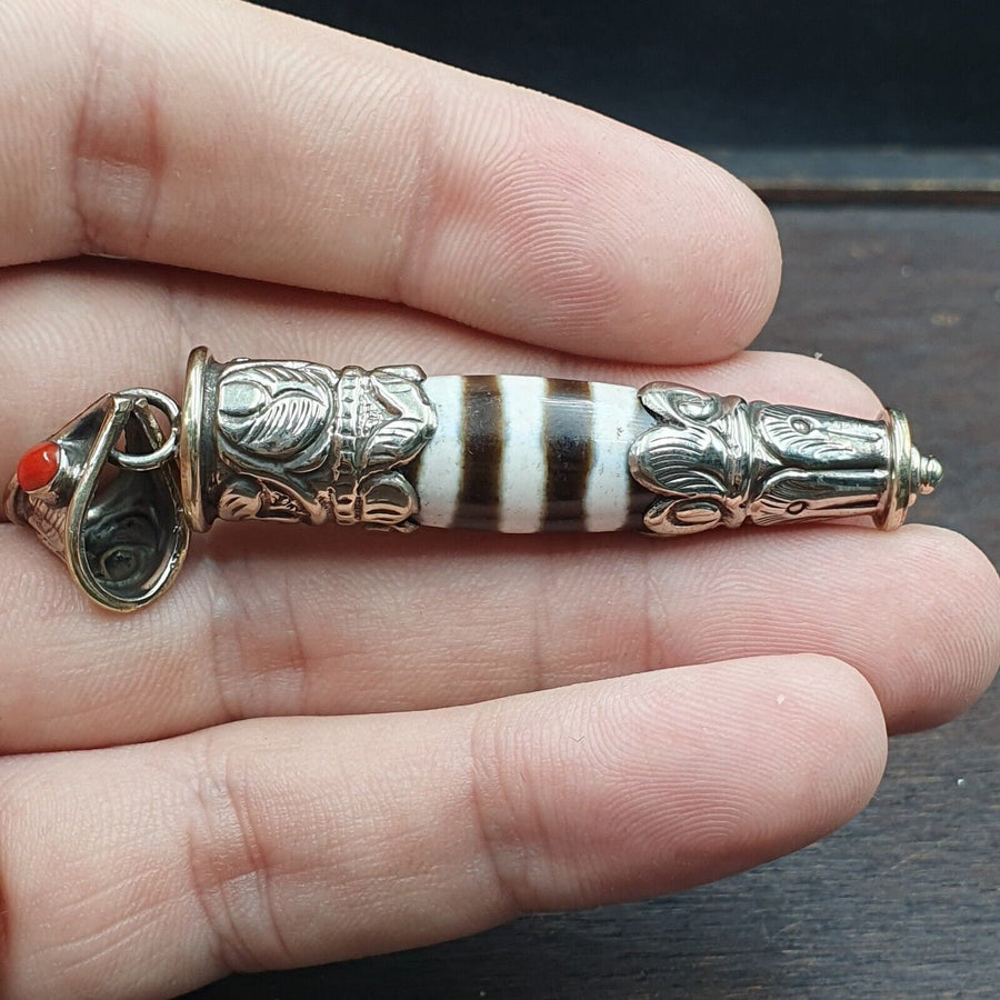 Rare 3 Stripes Tibetan Nepalese Agate Bead Dzi Pendant Necklace