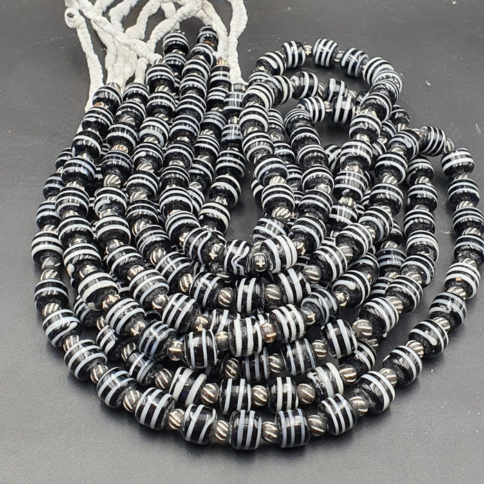 Vintage black & white stripes glass antique style beads 11-12mm necklace strandGift