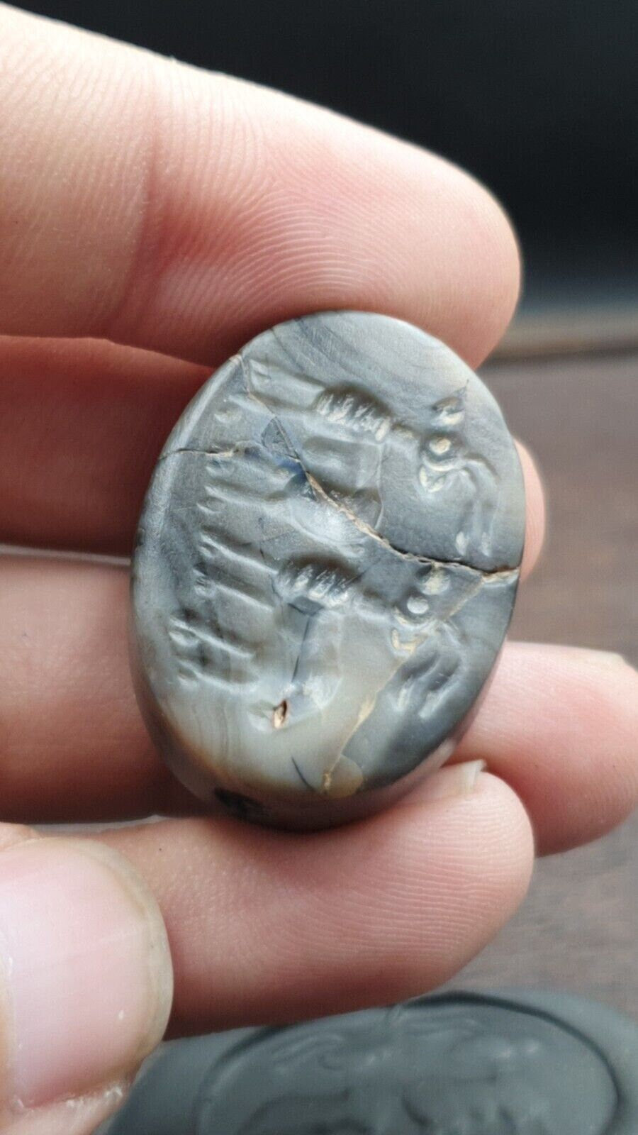Antient antique babylonian intaglio agate bead, stamp seal