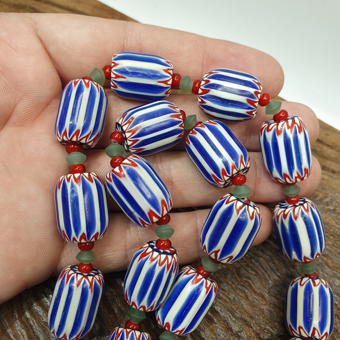 Vintage venetian inspired trade blue chevron jade and whiteheart beads strand