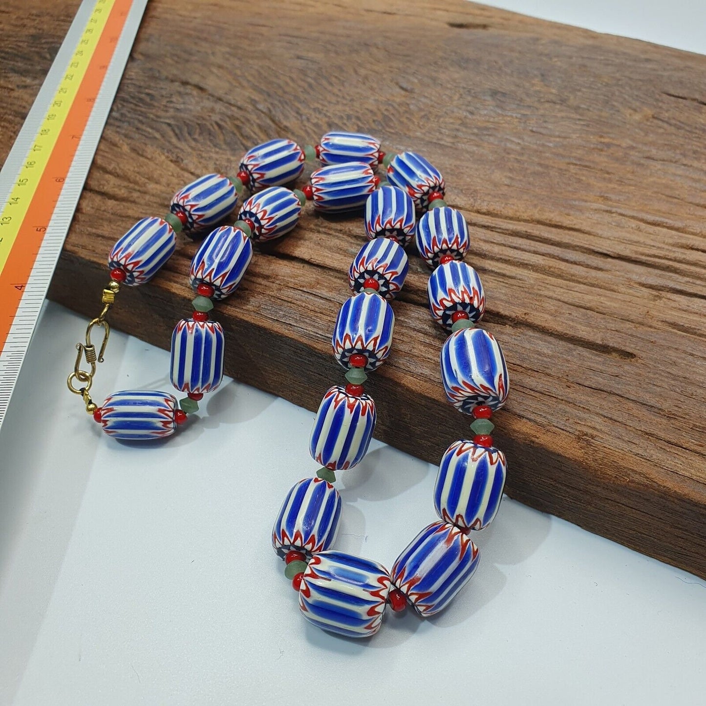 Vintage venetian inspired trade blue chevron jade and whiteheart beads strand
