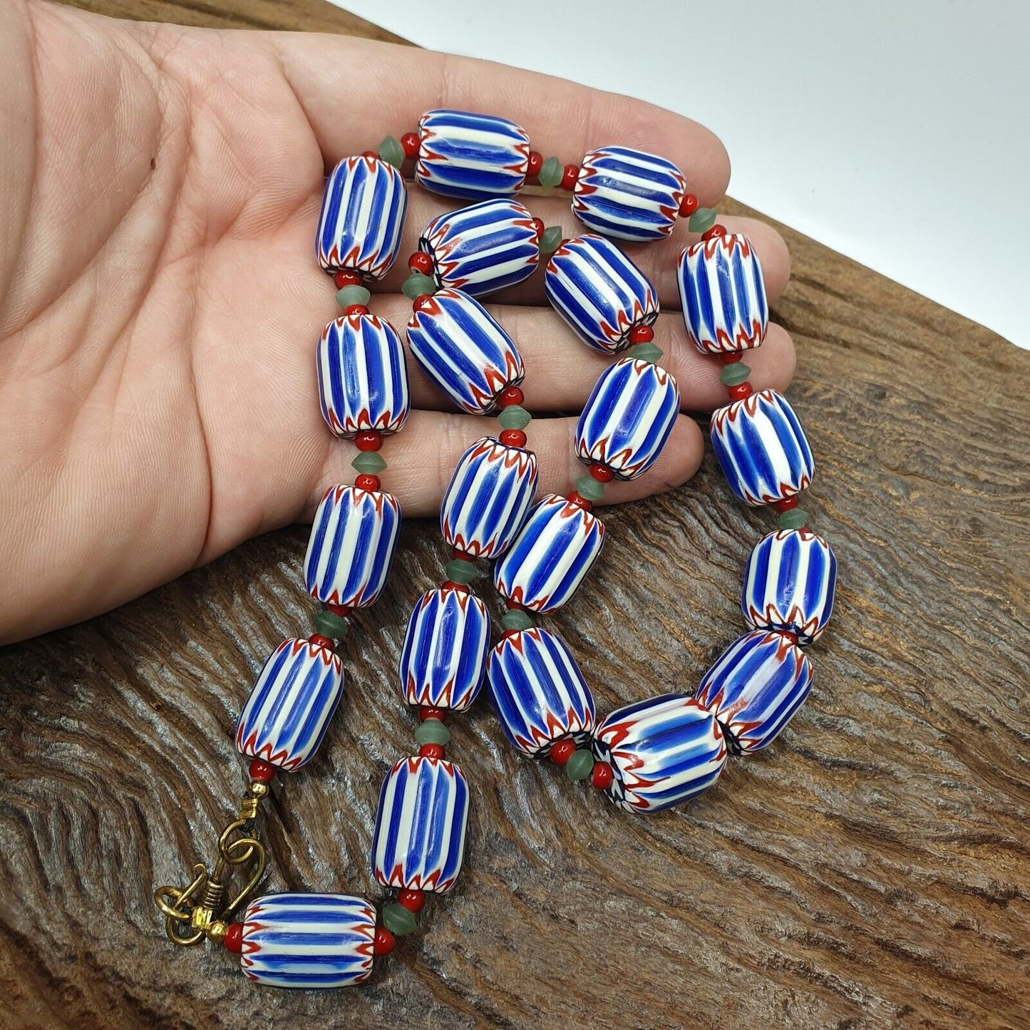 Vintage venetian inspired trade blue chevron jade and whiteheart beads strand