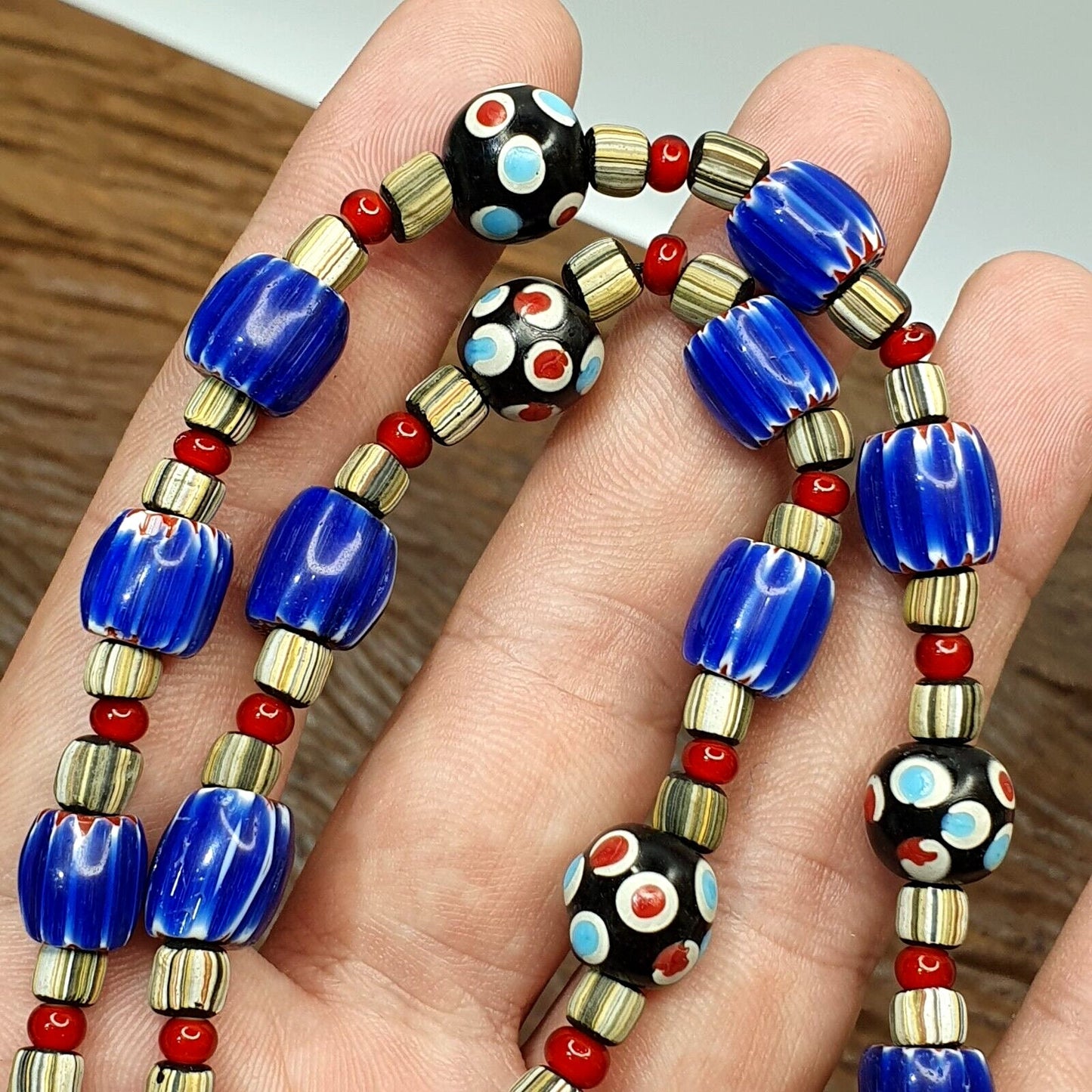 Vintage venetian style trade skunk blue chevron and jade beads strand h-9b