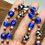 Vintage venetian style trade skunk blue chevron and jade beads strand h-9b