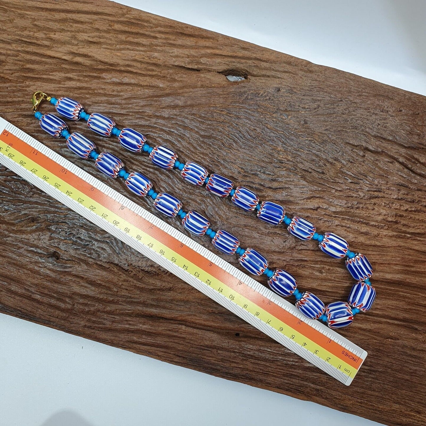 H-5b vintage venetian inspired trade blue chevron and whiteheart beads strand